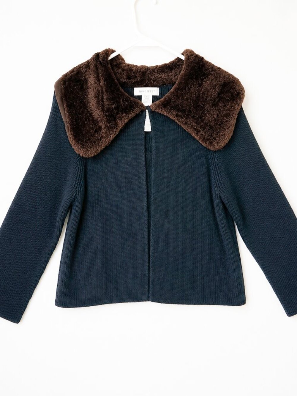 Nine West Faux Fur Collar Wool Blend Knit Cardigan Sweater Jacket M